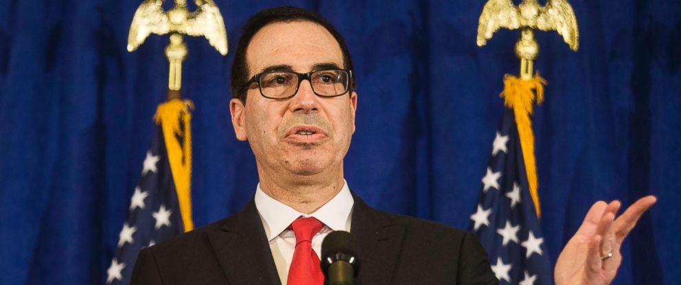 PHOTO: Treasury Secretary Steven Mnuchin speaks at a press briefing at the Hilton Midtown hotel during the United Nations General Assembly, in New York, Sept. 21, 2017. 