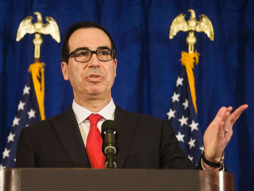 PHOTO: Treasury Secretary Steven Mnuchin speaks at a press briefing at the Hilton Midtown hotel during the United Nations General Assembly, in New York, Sept. 21, 2017.