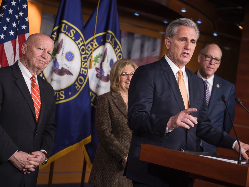 PHOTO: From left, Ways and Means Chairman Kevin Brady, Budget Committee Chairman Diane Black, House Majority Leader Kevin McCarthy, and Energy and Commerce Chairman Greg Walden, conduct a news conference, March 10, 2017.