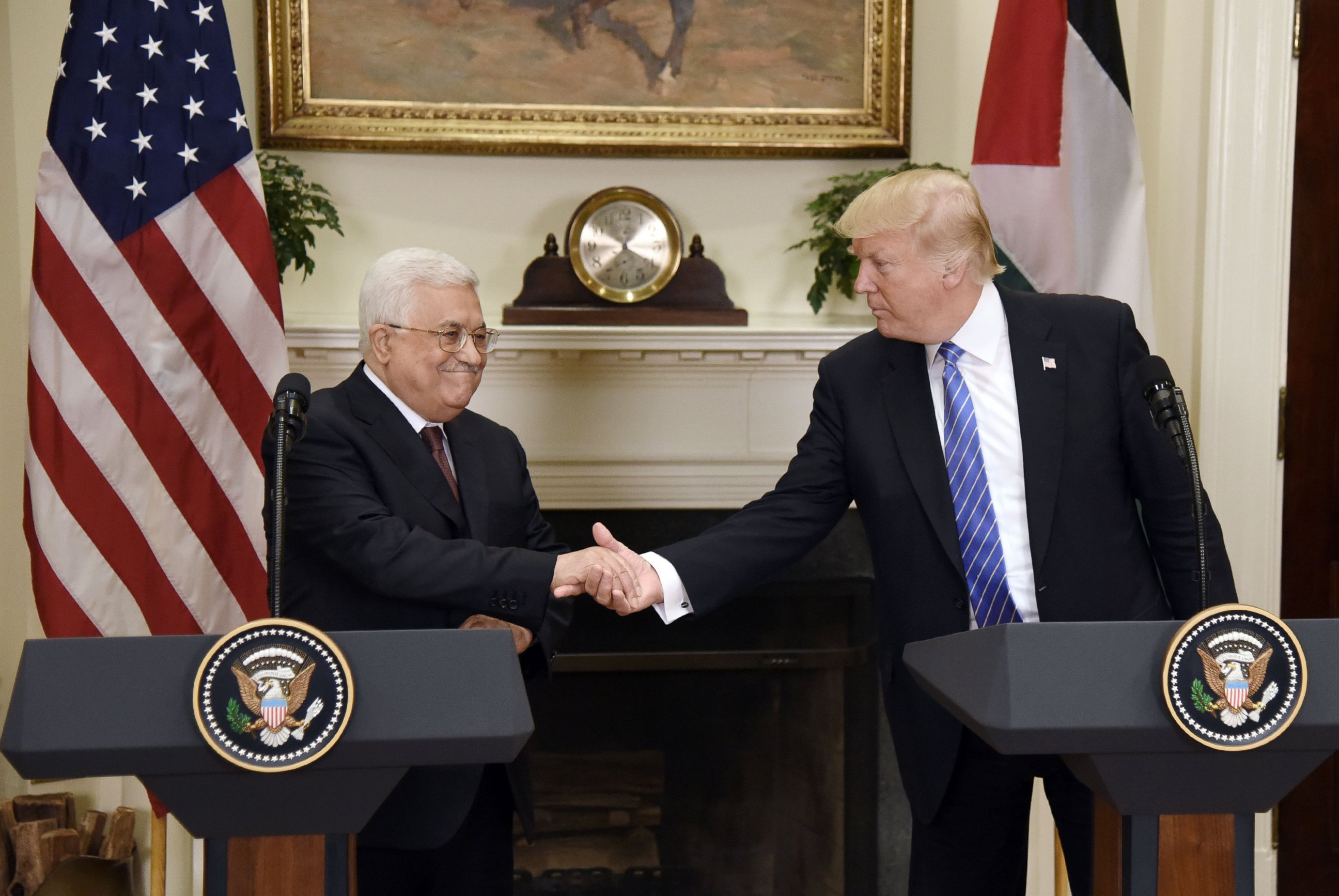 PHOTO: President Donald Trump gives a joint statement with President Mahmoud Abbas of the Palestinian Authority in the Roosevelt Room of the White House, on May 3, 2017, in Washington.