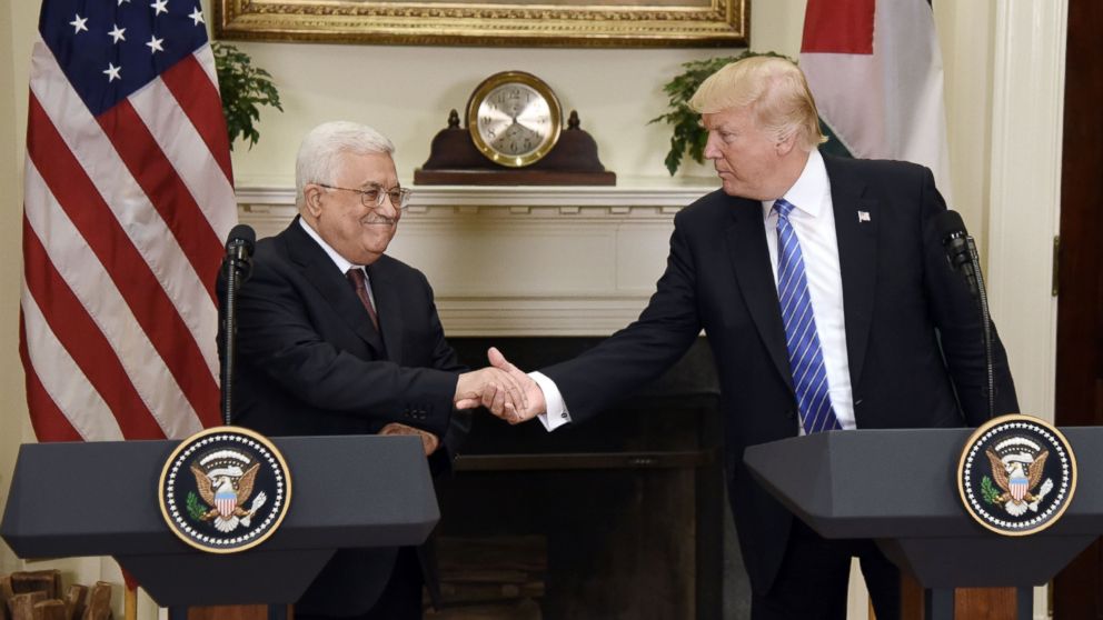 President Donald Trump gives a joint statement with President Mahmoud Abbas of the Palestinian Authority in the Roosevelt Room of the White House, on May 3, 2017, in Washington.