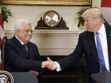 PHOTO: President Donald Trump gives a joint statement with President Mahmoud Abbas of the Palestinian Authority in the Roosevelt Room of the White House, on May 3, 2017, in Washington.