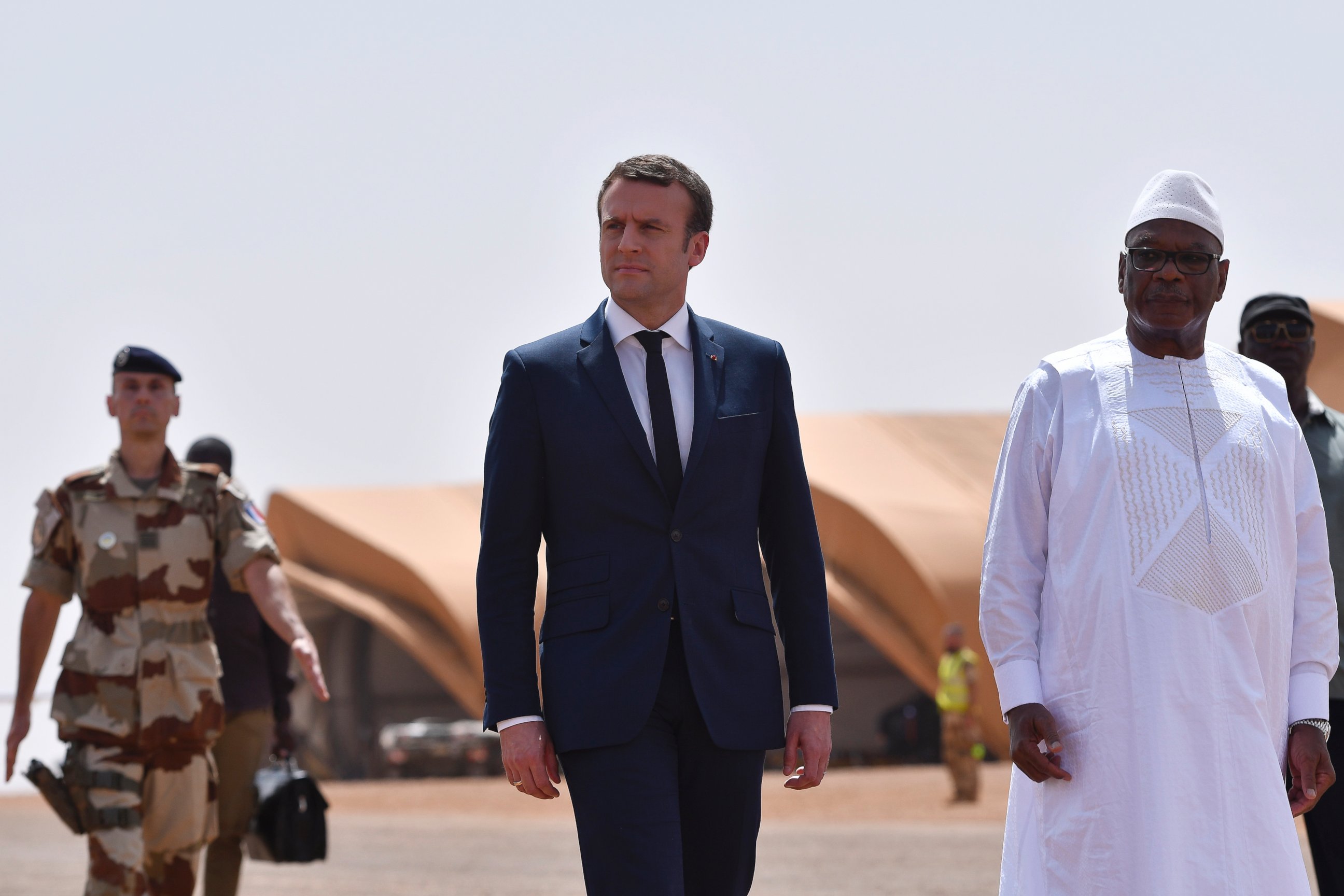 PHOTO: French President Emmanuel Macron during a visit to France's Barkhane counter-terrorism operation in Africa's Sahel region in Gao, northern Mali, May 19,2017.