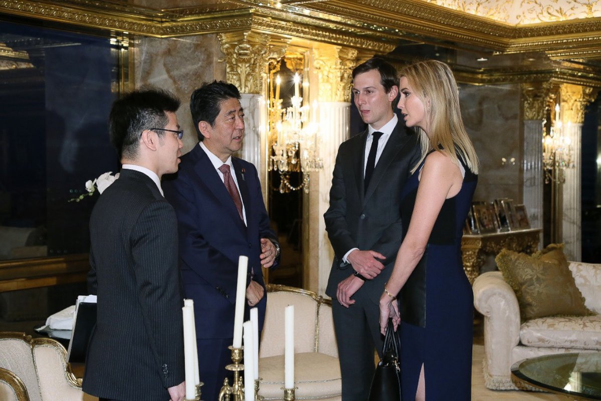 PHOTO: In this photo released by Japan's Cabinet Public Relations Office, Japanese Prime Minister Shinzo Abe, second from left, chats with Ivanka Trump and Jared Kushner at Trump Tower in Manhattan, New York, Nov. 17, 2016.