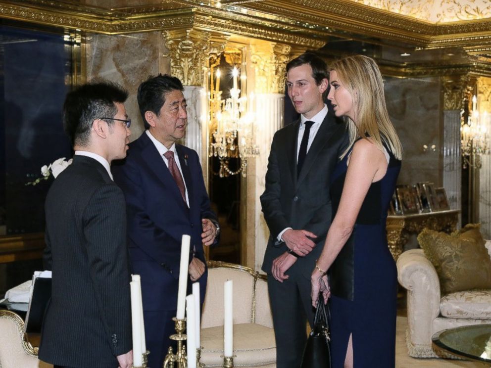 PHOTO: In this photo released by Japans Cabinet Public Relations Office, Japanese Prime Minister Shinzo Abe, second from left, chats with Ivanka Trump and Jared Kushner at Trump Tower in Manhattan, New York, Nov. 17, 2016.