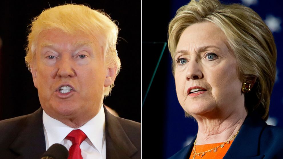 Donald Trump in New York, May 31, 2016; Hillary Clinton in San Diego, California, June 6, 2016. 