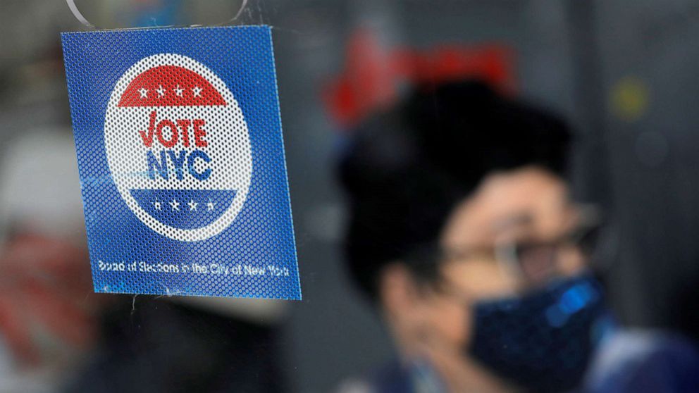 PHOTO: Signage is seen at an early voting location in Harlem ahead of the New York City mayoral primary on June 18, 2021.