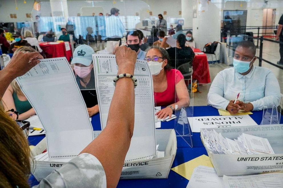 A New York City Board of Election staff member, left, shows a ballot to a campaign observer as primary election absentee ballots are counted in New York on July 2, 2021. 