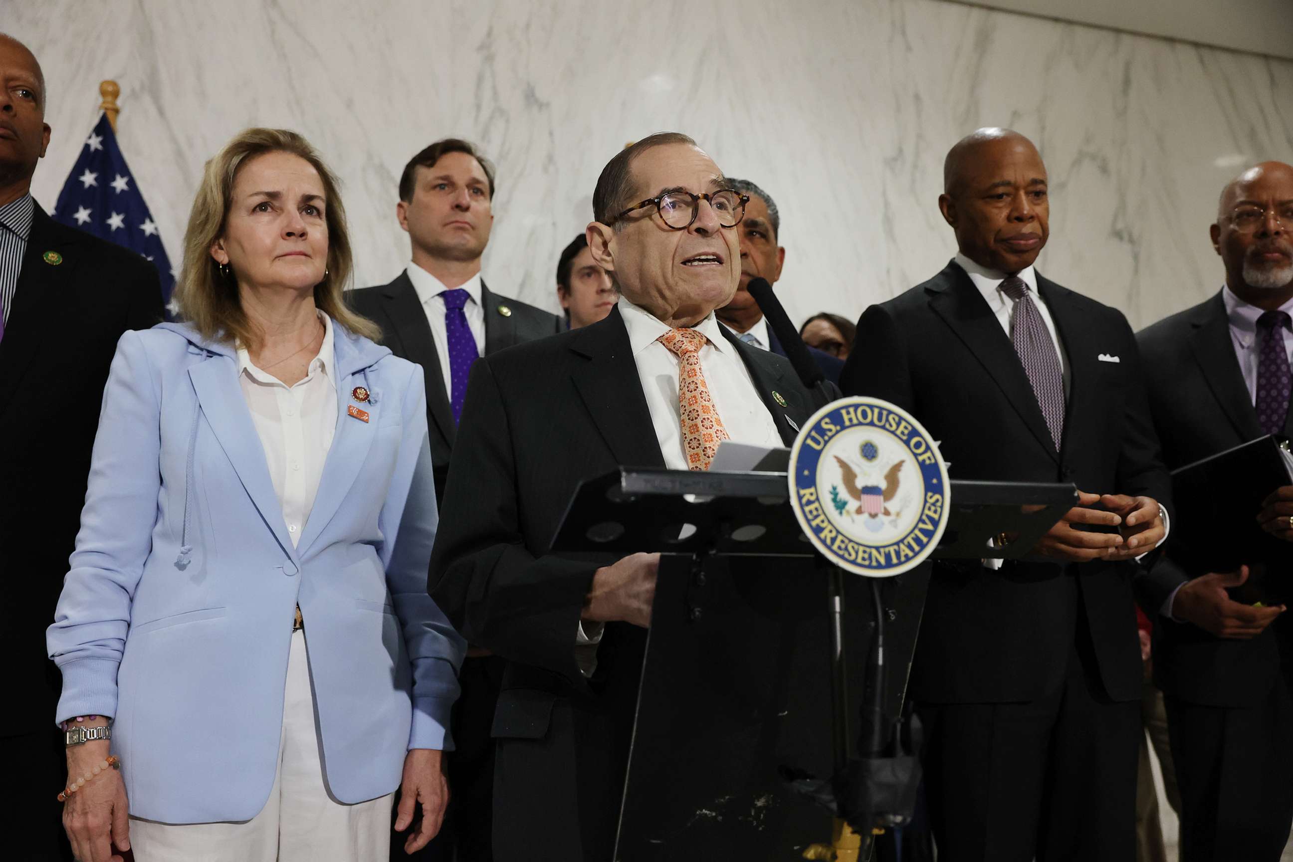 PHOTO: Jerry Nadler joins New York City Mayor Eric Adams and others at a news conference before a House Judiciary Committee field hearing in Manhattan at the Javits Federal Building on violent crime in the city on April 17, 2023 in New York City.