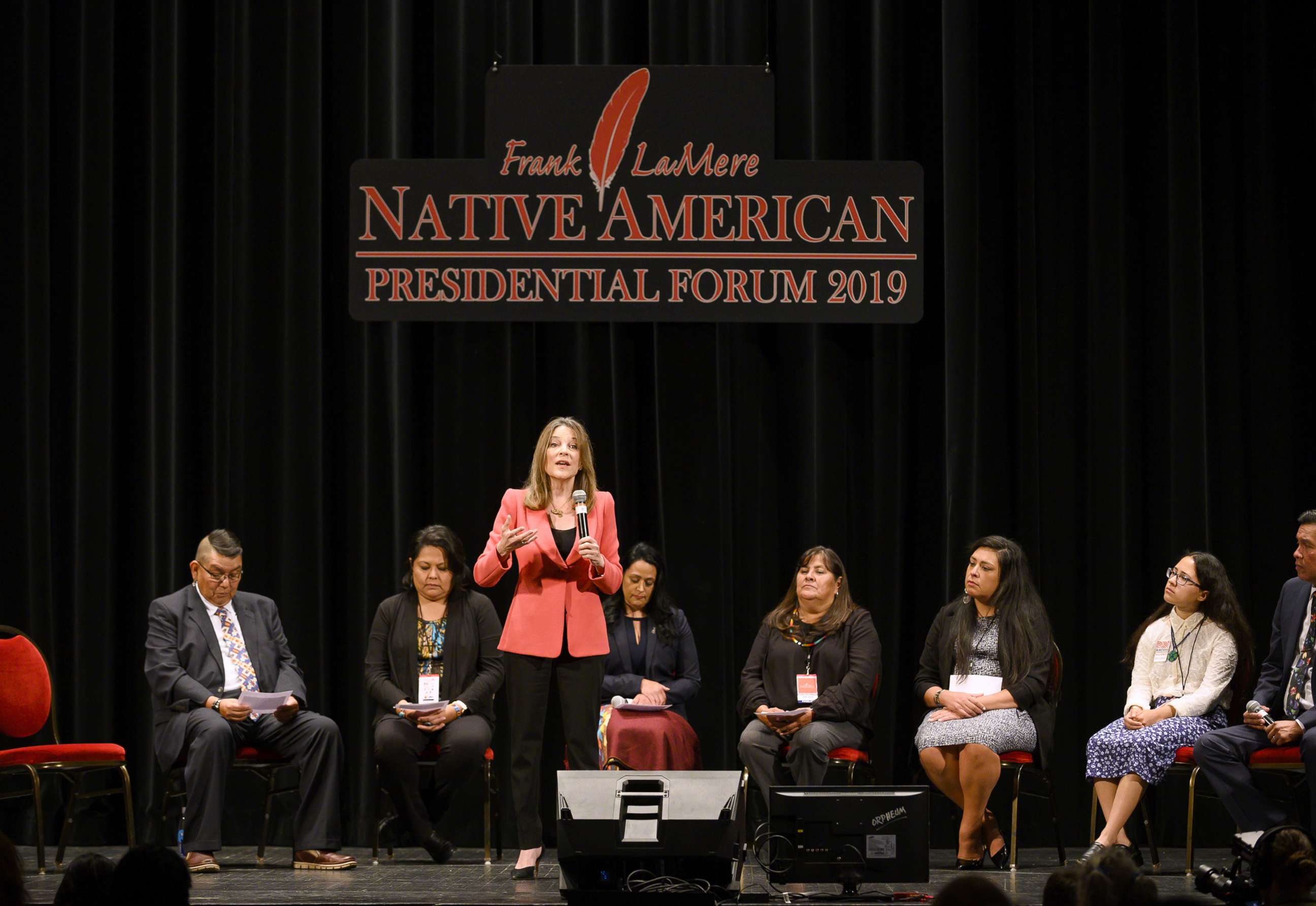 PHOTO: Democratic presidential candidate Marianne Williamson speaks at the Frank LaMere Native American Presidential Forum, Aug. 19, 2019, in Sioux City, Iowa.