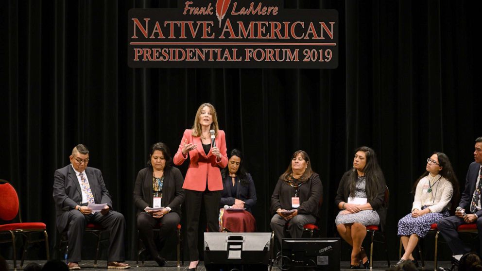 PHOTO: Democratic presidential candidate Marianne Williamson speaks at the Frank LaMere Native American Presidential Forum, Aug. 19, 2019, in Sioux City, Iowa.