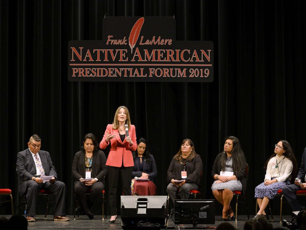 PHOTO: Democratic presidential candidate Marianne Williamson speaks at the Frank LaMere Native American Presidential Forum, Aug. 19, 2019, in Sioux City, Iowa.