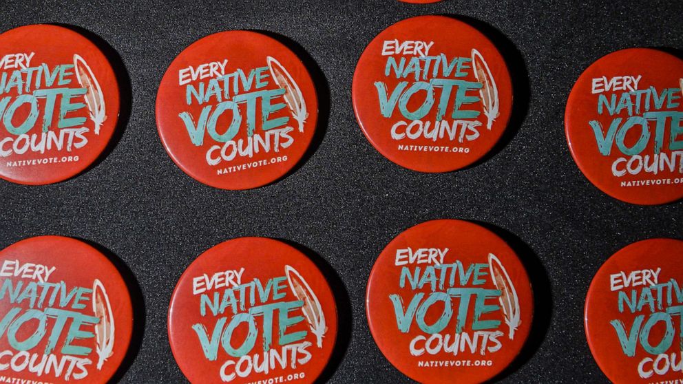 PHOTO:Buttons available at the Frank LaMere Native American Presidential Forum on Aug. 20, 2019 in Sioux City, Iowa.