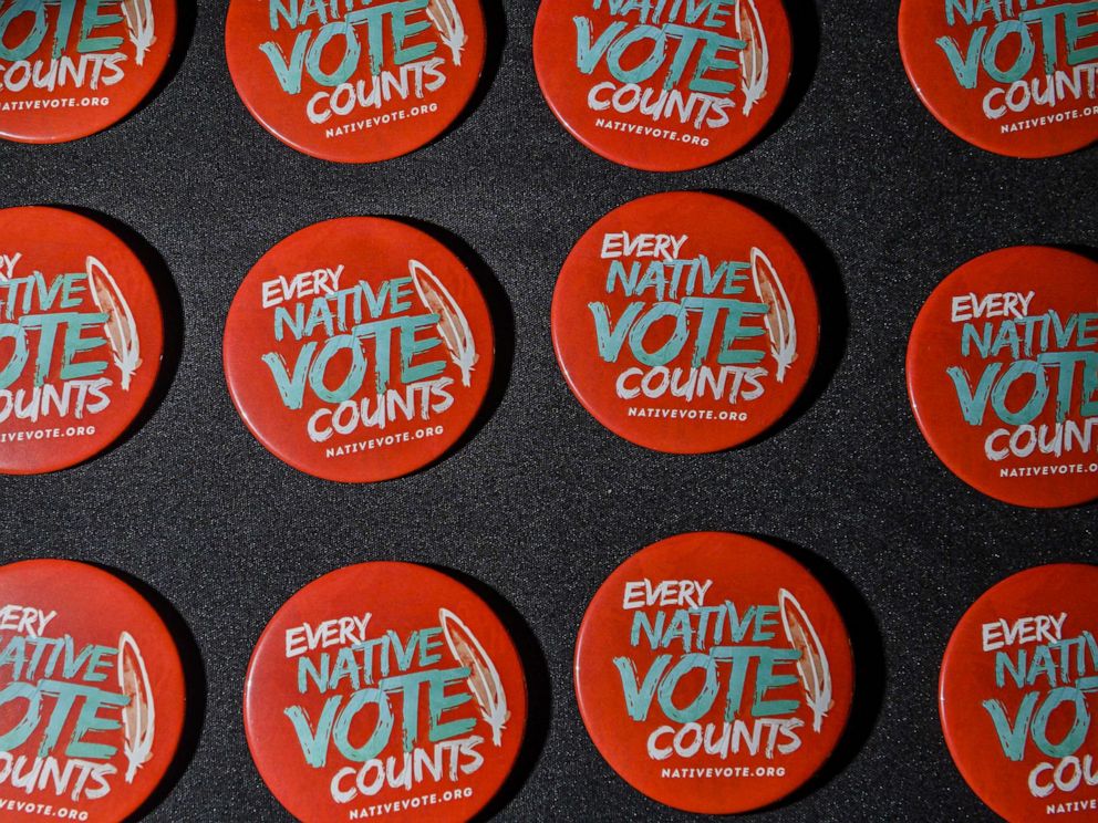 PHOTO:Buttons available at the Frank LaMere Native American Presidential Forum on Aug. 20, 2019 in Sioux City, Iowa.