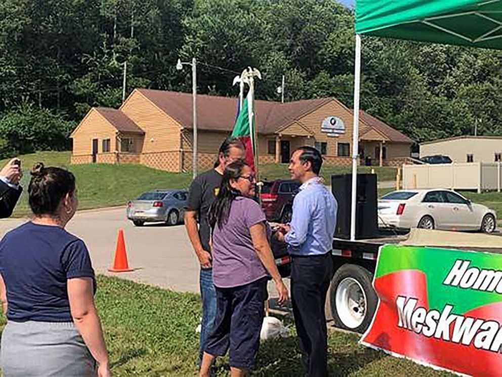 PHOTO: Julian Castro mingles with people who attended the unveiling of his People First Indigenous Communities Policy on July 26, 2019, in Tama, Iowa. 