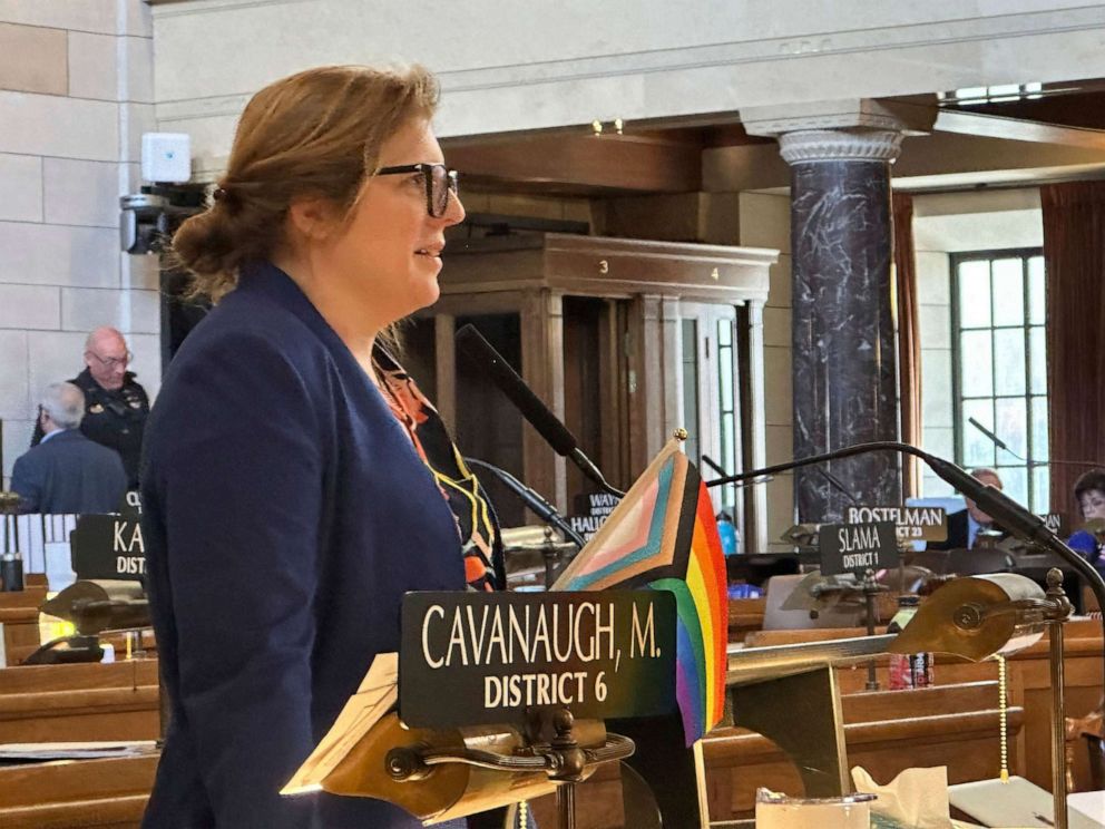 PHOTO: Omaha Sen. Machaela Cavanaugh speaks, May 19, 2023, in Lincoln, Neb., as lawmakers debated a bill that would ban abortions at 12 weeks of pregnancy and also ban gender-affirming care for transgender minors.
