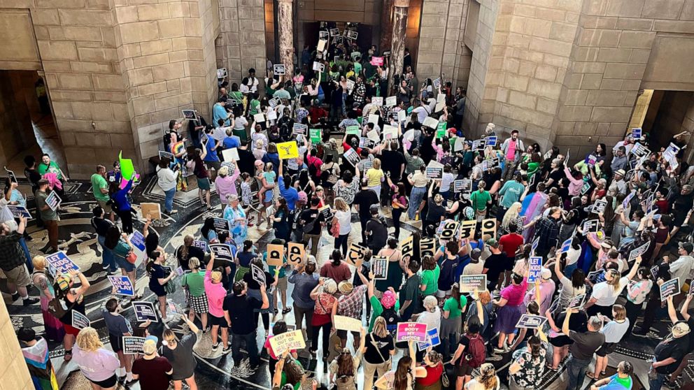 PHOTO: Hundreds of people descend on the Nebraska Capitol, in Lincoln, May 16, 2023, to protest plans by conservative lawmakers in the Nebraska Legislature to revive an abortion ban.