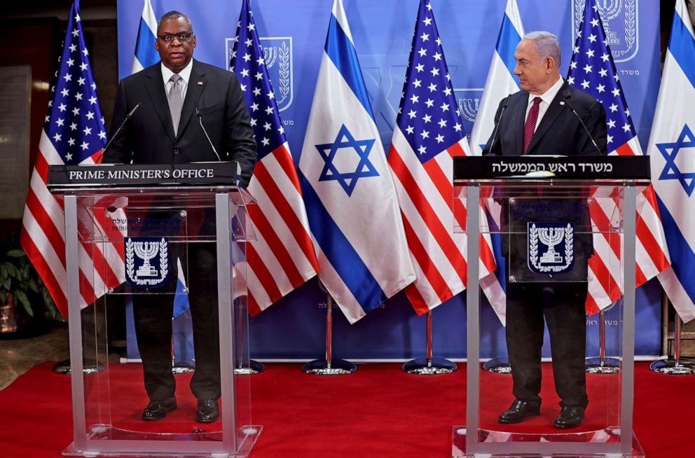 PHOTO: Defense Secretary Lloyd Austin and Israeli Prime Minister Benjamin Netanyahu give a statement after their meeting in Jerusalem, April 12, 2021. 