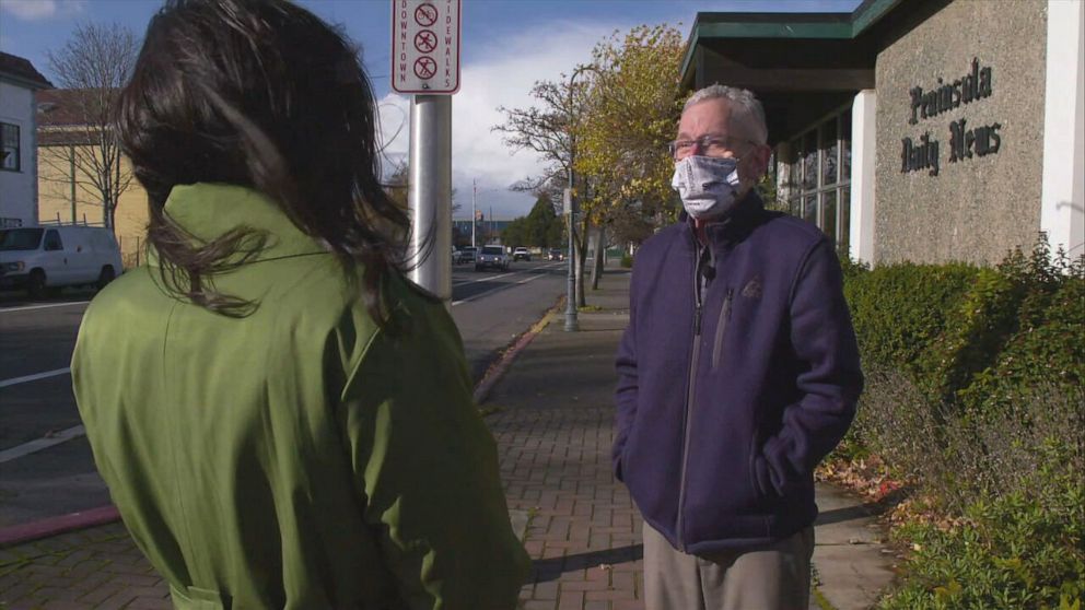 PHOTO: ABC News Correspondent Zohreen Shah talks with Peninsula Daily News reporter Paul Gottlieb about the voting trends in Clallam County.