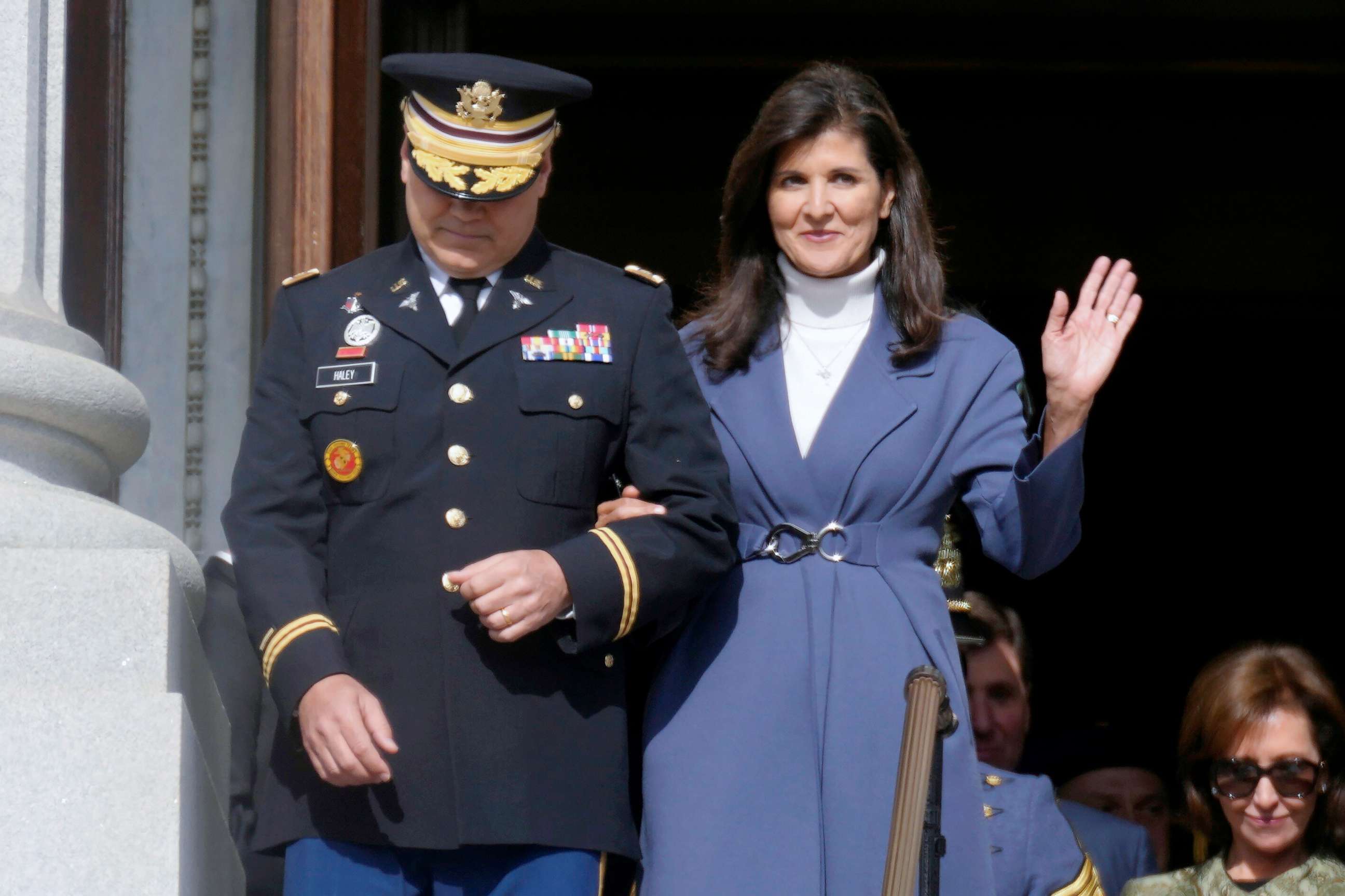 PHOTO: Former South Carolina Gov. Nikki Haley waves as she and her husband, Michael Haley are introduced at the second inaugural of Gov. Henry McMaster, Jan. 11, 2023, in Columbia, S.C.