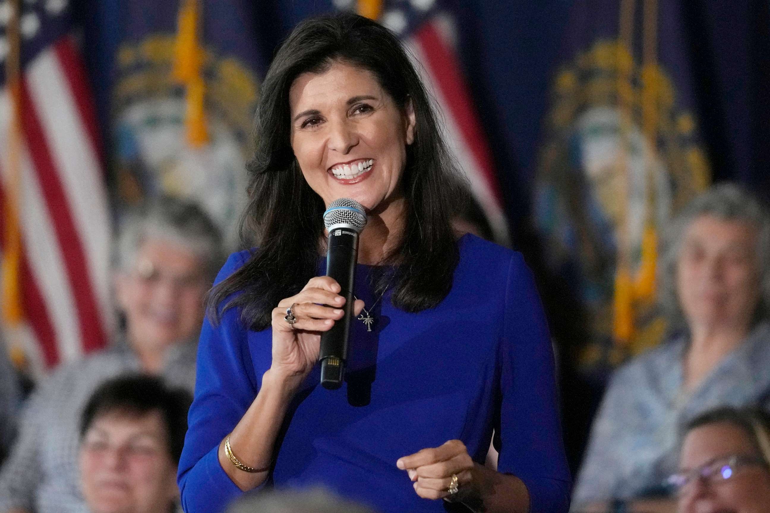 PHOTO: Republican presidential candidate Nikki Haley takes a question from the audience during a campaign event, May 24, 2023, in Bedford, N.H.