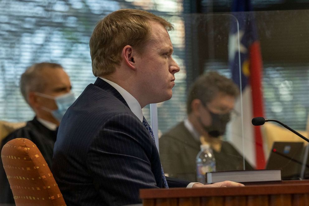 PHOTO: State Rep. Destin Hall, a top Republican redistricting official, testifies during a partisan gerrymandering trial, Jan. 5, 2022, at Campbell University School of Law in Raleigh, N.C. 