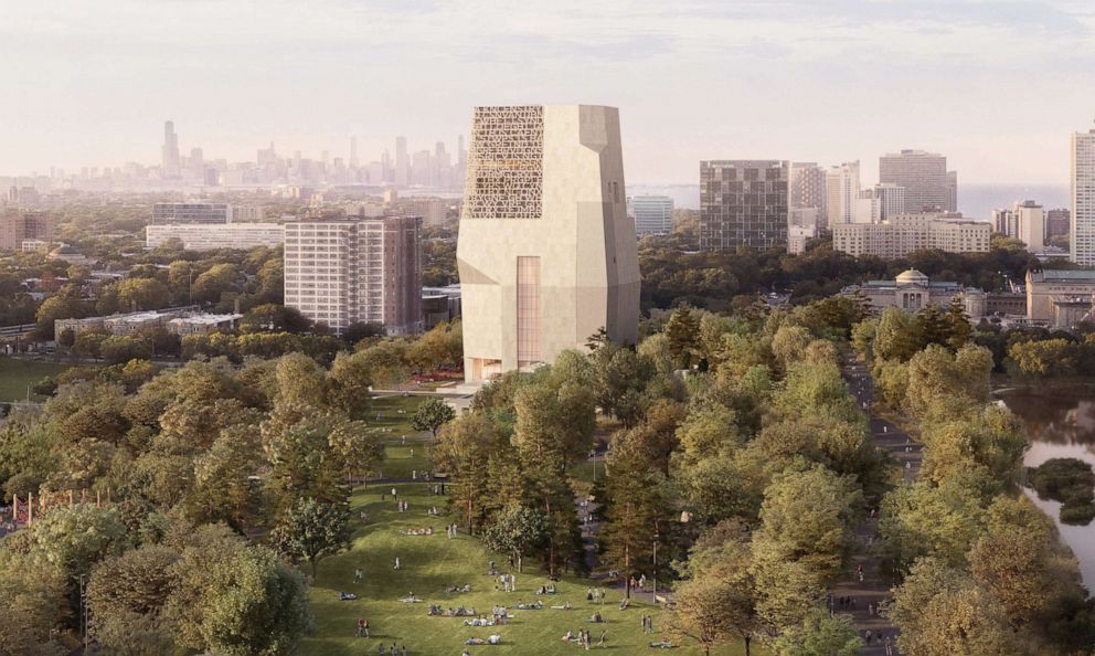 PHOTO: A rendering shows a north-facing view of the Obama Presidential Center campus in Jackson Park, Chicago.