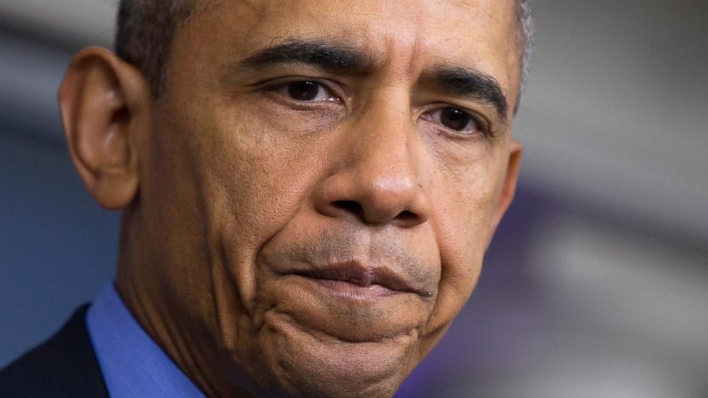 President Barack Obama pauses while speaking in the Brady Press Briefing Room of the White House in Washington, Thursday, June 18, 2015, on the church shooting in Charleston, S.C. 