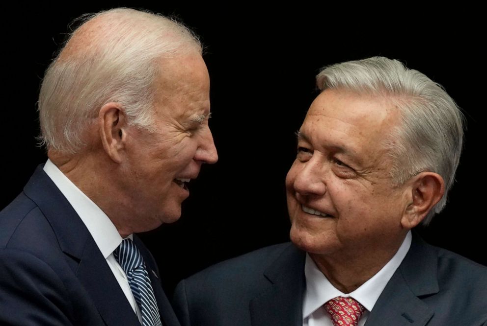 PHOTO: Mexican President Andres Manuel Lopez Obrador, right, and President Joe Biden shake hands at the National Palace in Mexico City, Jan. 9, 2023.