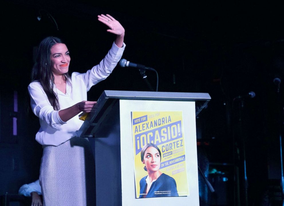 PHOTO: Alexandria Ocasio-Cortez speaks to her supporters during her election night party in the Queens Borough of New York, Nov. 6, 2018. 28-year-old Ocasio-Cortez from became the youngest woman elected to Congress.