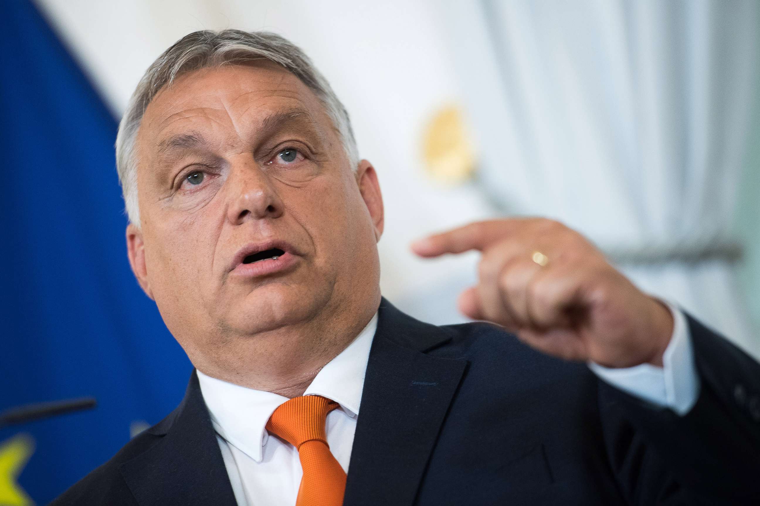 PHOTO: Hungarian Prime Minister Viktor Orban speaks as he and Austrian Chancellor Karl Nehammer (not pictured) hold a joint press conference upon Orban's official visit, July 28, 2022, in Vienna, Austria. 