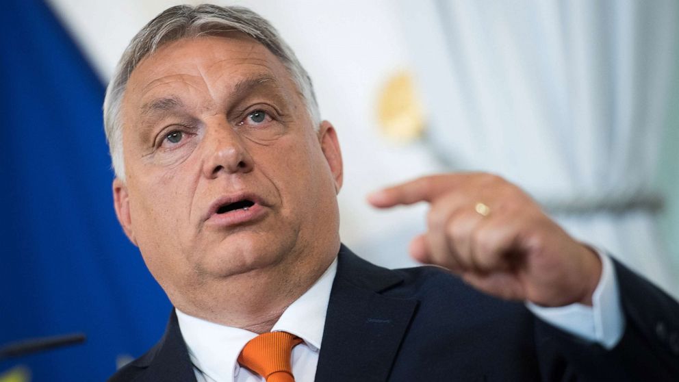 PHOTO: Hungarian Prime Minister Viktor Orban speaks as he and Austrian Chancellor Karl Nehammer (not pictured) hold a joint press conference upon Orban's official visit, July 28, 2022, in Vienna, Austria. 