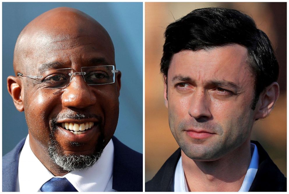 PHOTO: Democratic U.S. Senate candidates Rev. Raphael Warnock and Jon Ossoff are seen in a combination of file photographs as they campaign on election day in Georgia's U.S. Senate runoff election, in Marietta and Atlanta, Georgia, U.S., January 5, 2021. 