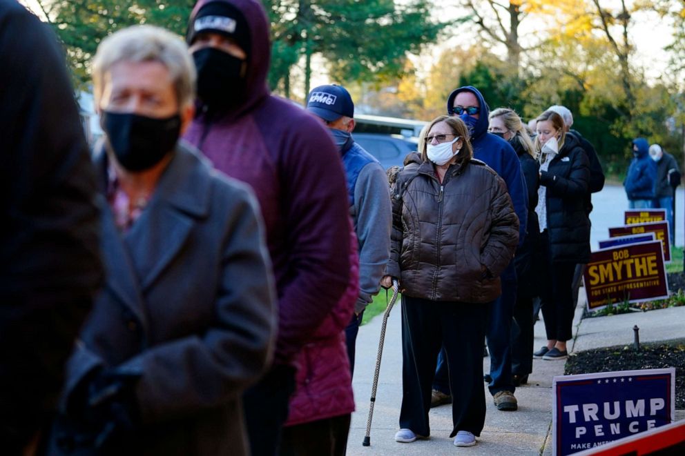 People line up outside a polling place in Springfield, Pennsylvania, to vote in the 2020 general election on Nov. 3, 2020. 
