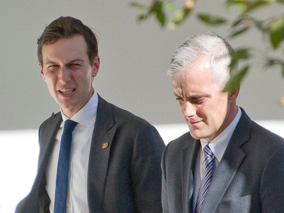 PHOTO: Jared Kushner and White House Chief of Staff Denis McDonough walk through the Rose Garden as they discuss the Presidential Transition in the Oval Office of the White House, Nov. 10, 2016, in Washington. 