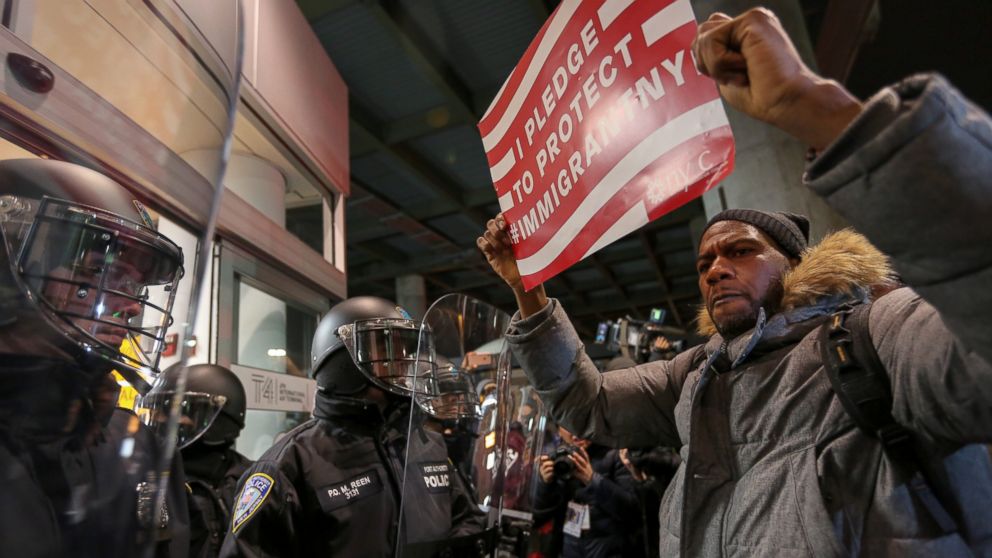 PHOTO: Protesters rally outside terminal 4 at JFK airport in response to a ban on immigration issued by President Donald Trump on Han. 28, 2017.