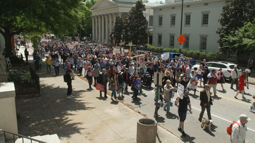 PHOTO: Thousands of demonstrators march through the streets of Richmond, Va., in April 2022 in the largest gathering of abortion rights opponents in the country this spring ahead of a major Supreme Court decision.