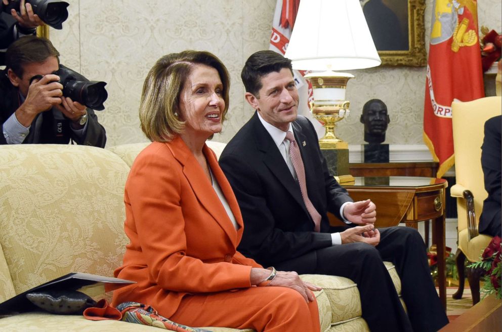PHOTO: House Minority Leader Rep. Nancy Pelosi and House Speaker Paul Ryan attend a meeting with President Donald Trump and other congressional leadership in the Oval Office of the White House on Dec. 7, 2017 in Washington.