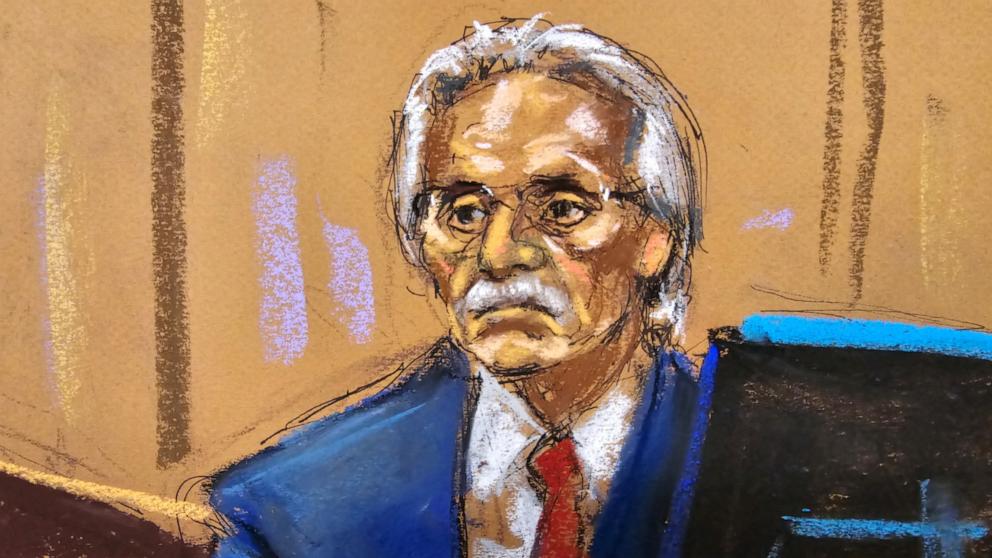 PHOTO: David Pecker is cross examined by Emil Bove during former President Donald Trump's criminal trial in Manhattan state court in New York City, April 26, 2024 in this courtroom sketch.