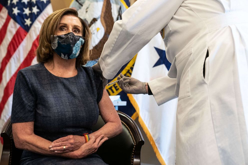 House Speaker Nancy Pelosi receives a COVID-19 vaccine in the U.S. Capitol on Dec. 18, 2020 in Washington.
