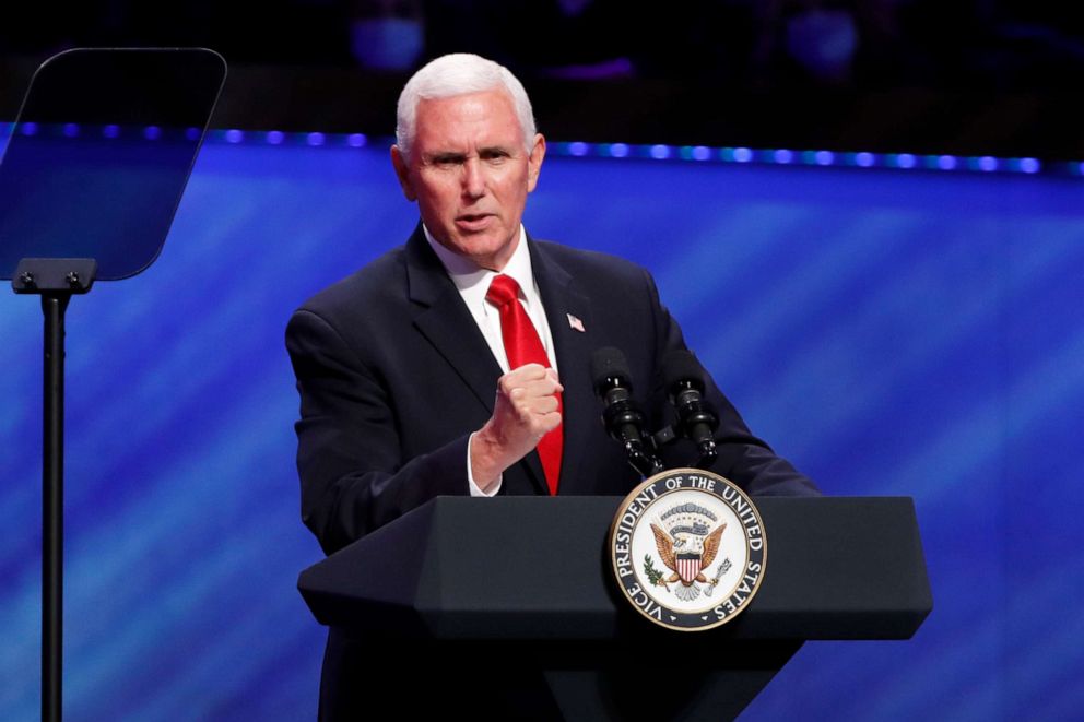 PHOTO: Vice President Mike Pence speaks at the Southern Baptist megachurch First Baptist Dallas during a Celebrate Freedom Rally in Dallas, June 28, 2020.
