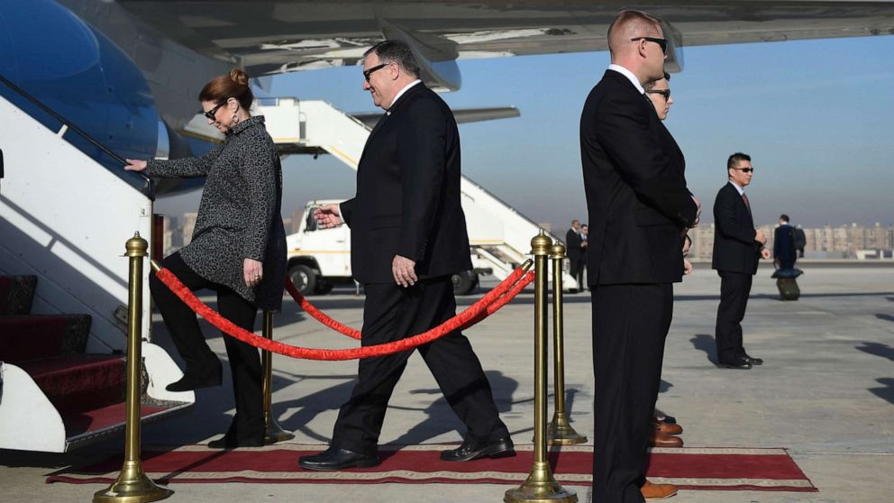 PHOTO: Secretary of State Mike Pompeo and his wife Susan board the plane leaving Egypt as he departs for Manama, Bahrain at Cairo International Airport in Cairo, Jan. 11, 2019.