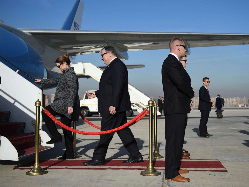 PHOTO: Secretary of State Mike Pompeo and his wife Susan board the plane leaving Egypt as he departs for Manama, Bahrain at Cairo International Airport in Cairo, Jan. 11, 2019.