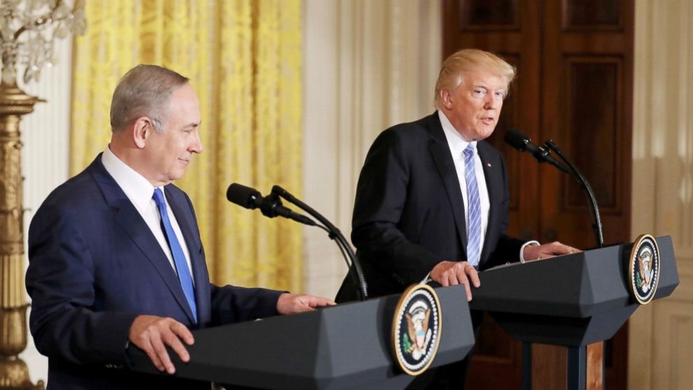 Israeli Prime Minister Benjamin Netanyahu and President Donald Trump hold a joint news conference at the White House in Washington, Feb. 15, 2017.