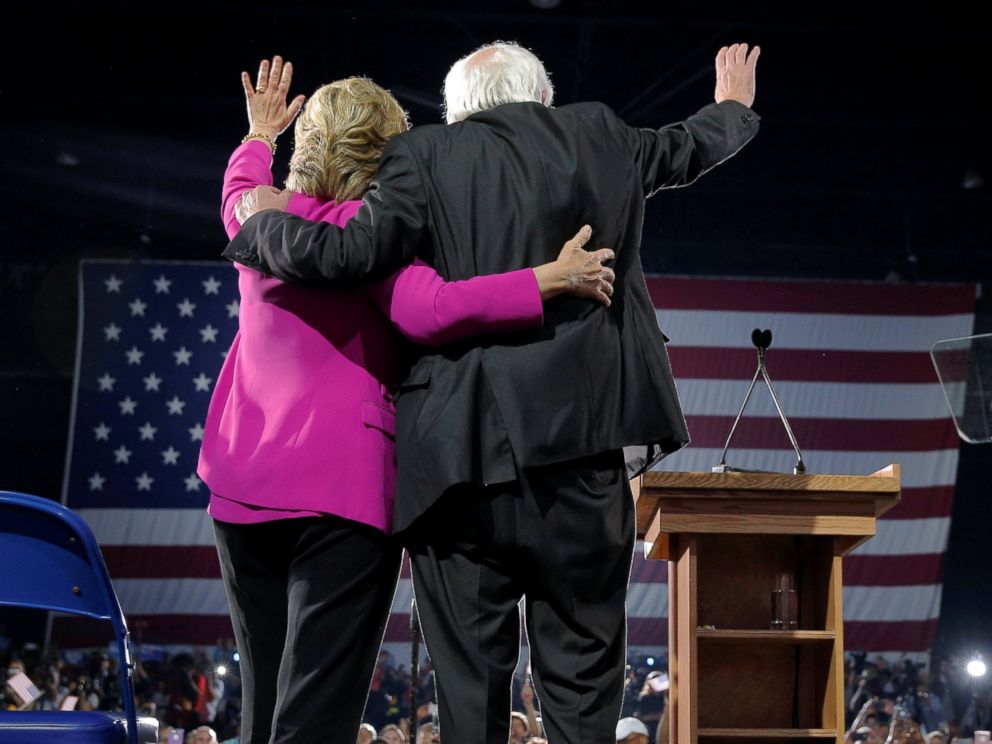 PHOTO: U.S. Democratic presidential nominee Hillary Clinton is joined by U.S. Senator Bernie Sanders at a campaign rally in Raleigh, North Carolina, Nov. 3, 2016.