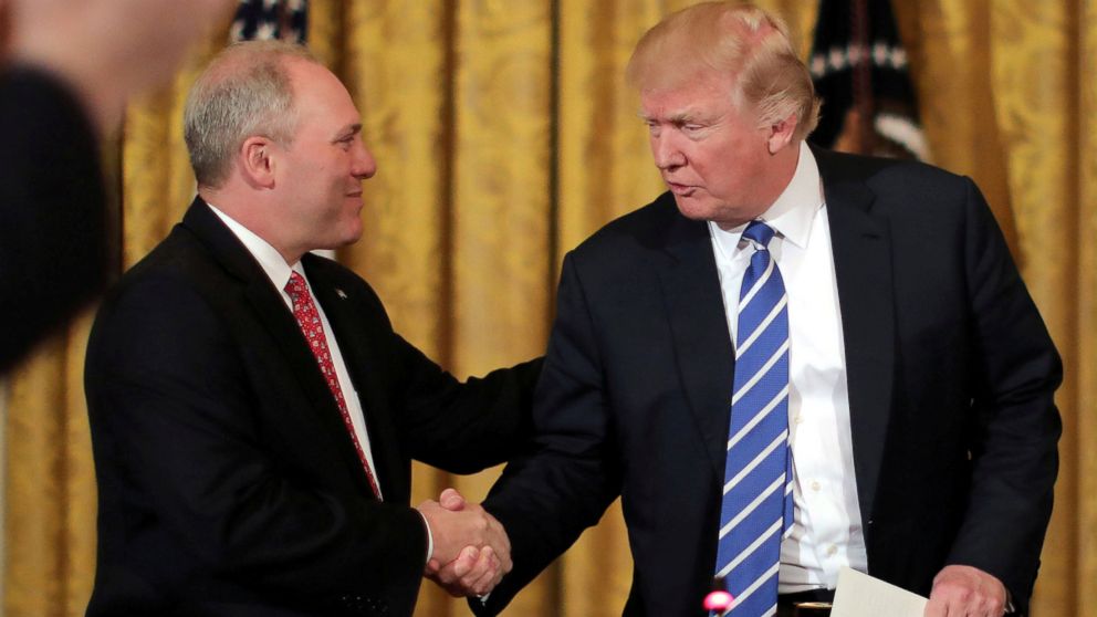 PHOTO: House Majority Whip Steve Scalise shakes hands with President Donald Trump in the East room of the White House in Washington, March 7, 2017.
