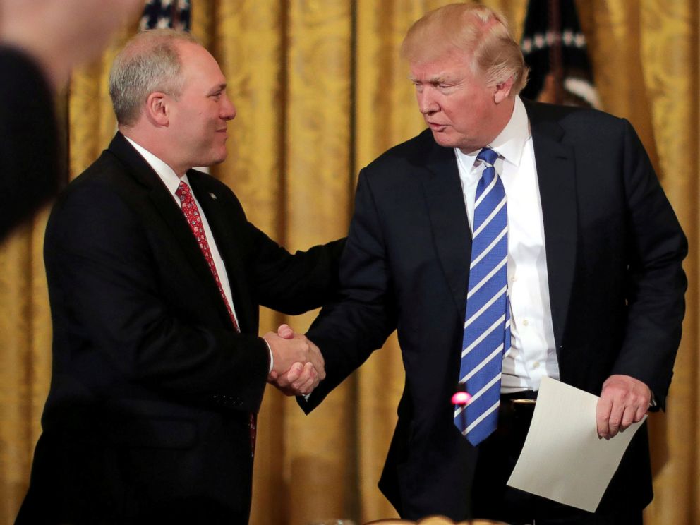 PHOTO: House Majority Whip Steve Scalise shakes hands with President Donald Trump in the East room of the White House in Washington, March 7, 2017.