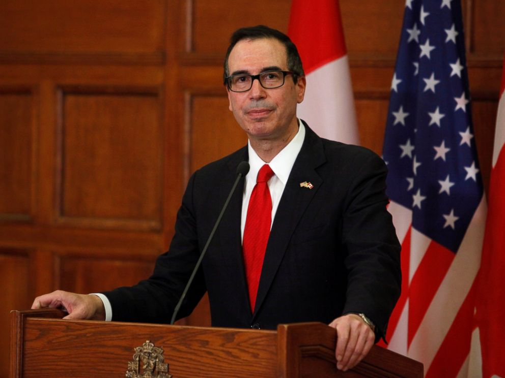 PHOTO: U.S. Secretary of the Treasury, Steven Mnuchin, speaks at a news conference on Parliament Hill in Ottawa, June 9, 2017.