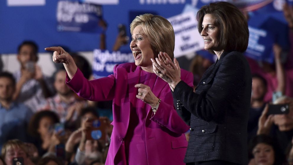 PHOTO: Democratic presidential candidate Hillary Clinton (L) appears on stage with Nevada Senate candidate Catherine Cortez Masto at a campaign rally at the Laborers International Union hall in Las Vegas, Feb. 18, 2016.