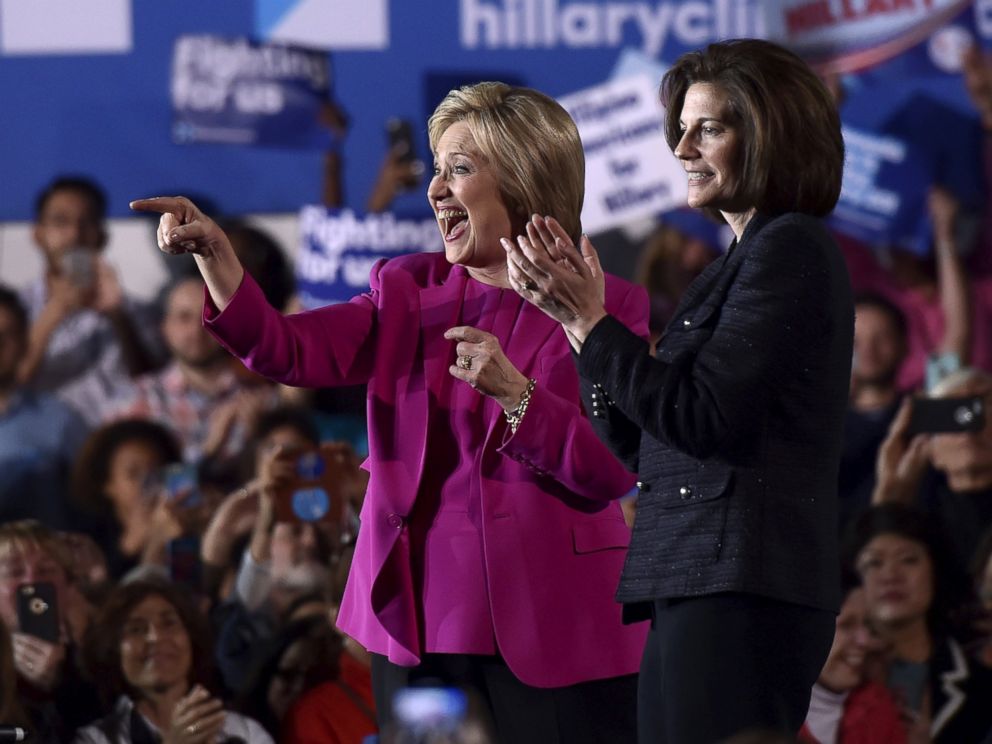 PHOTO: Democratic presidential candidate Hillary Clinton (L) appears on stage with Nevada Senate candidate Catherine Cortez Masto at a campaign rally at the Laborers International Union hall in Las Vegas, Feb. 18, 2016.